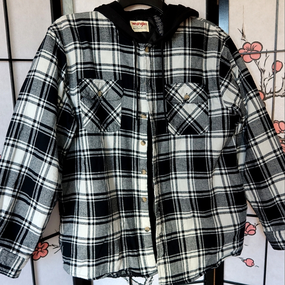 Wrangler Authentics Black and White Thick Plaid Jacket With Hood Size Large